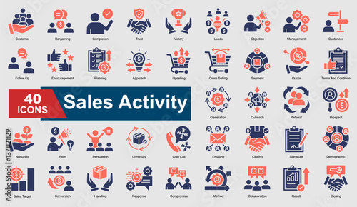 A collection set of colorful glyph style Sales Activity icons. Includes conversion, leads, trust, closing, follow-up, and more. Perfect for illustration and design.