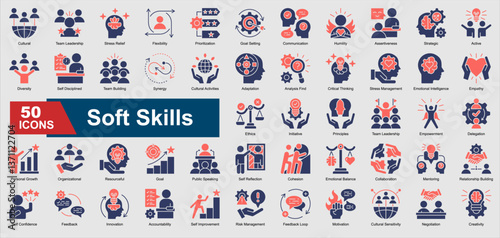 A collection set of colorful glyph-style Soft Skills icons. Includes communication, teamwork, leadership, adaptability, emotional intelligence, and more. Perfect for illustration and design.