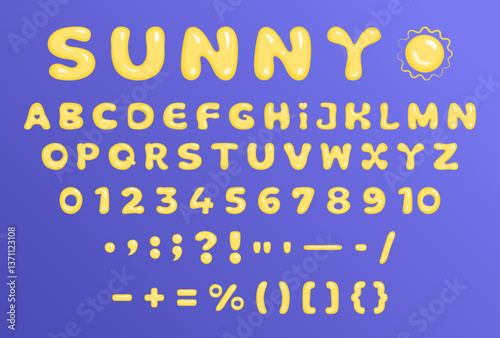 Yellow bubble font, y2k glossy English alphabet, cartoon balloon vector 3D letters, numbers and punctuation marks. They are great for optimistic and holiday headlines
