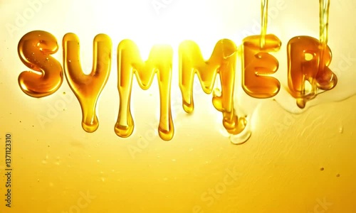 Summer inscription in flowing yellow letters made of syrup or honey on a yellow background