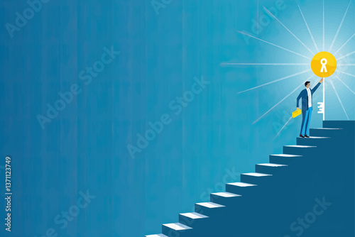 Success in business is a journey, like climbing a stairway to uncover the secret key or reach career milestones. A victorious businessman ascends, holding a golden key high, representing the pinnacle