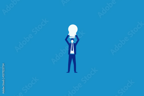 A flat-style image of a businessman gripping a glowing lightbulb, embodying creativity and innovative solutions. The leader provides guidance, showcasing expertise and a breakthrough moment in