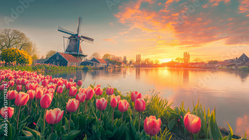Sunset over windmill village with blooming tulips