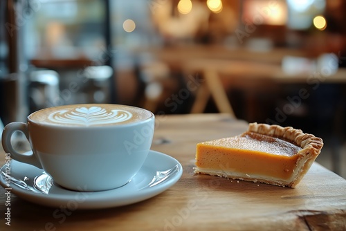 Enjoying Coffee With Pumpkin Pie at a Cozy Cafe During Autumn