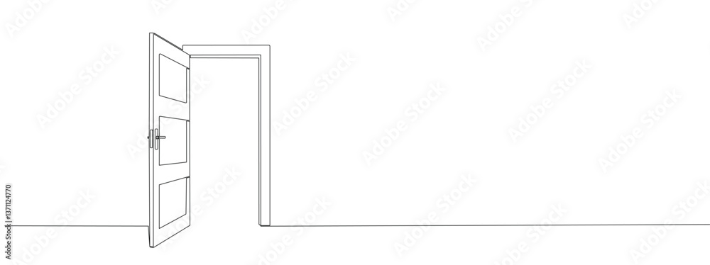 Open door with one continuous line.  Single line editable drawing of office entrance. Concept of new opportunities, problem solving. Vector illustration