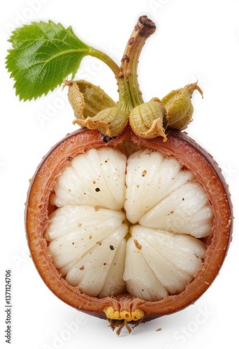 Fruta fresca de mangostán abierta, mostrando sus segmentos blancos y jugosos, aislada sobre fondo blanco