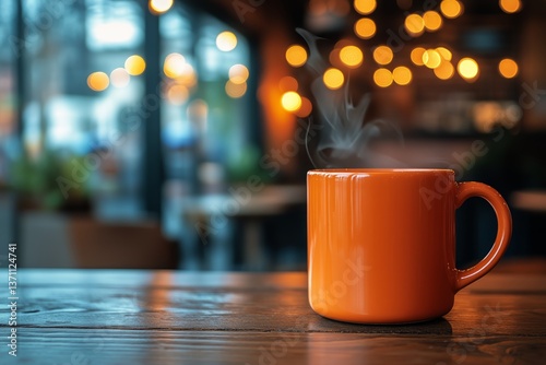 Warm Orange Cup of Coffee on a Wooden Table in a Cozy Cafe During the Evening