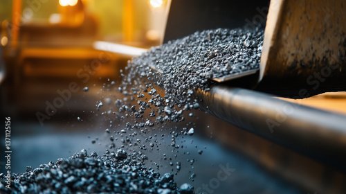 Close-up of a rotating cement mixerâs edge, gray cement sludge coating its metal surface, while raw stone material is dumped from a nearby conveyor belt photo