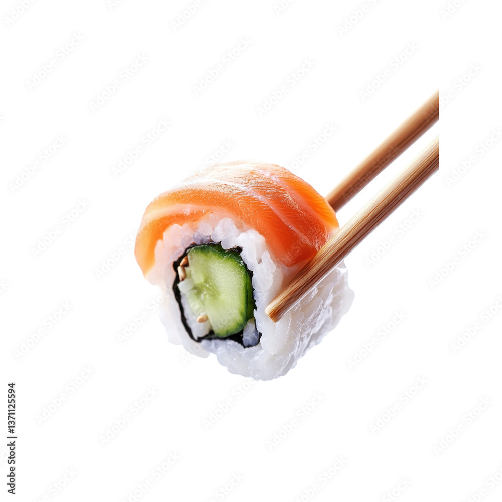 Close-up view of a sushi roll featuring salmon and cucumber, skillfully picked up with chopsticks against a transparent backdrop.
