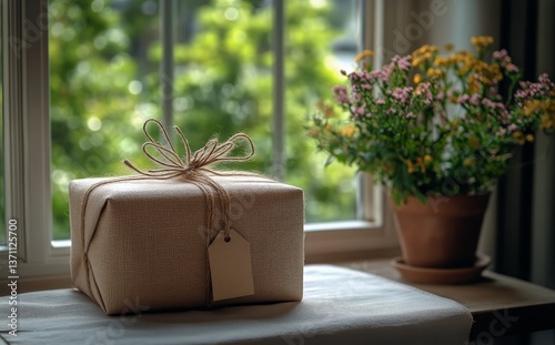 Gift Wrapped in Natural Material Sits on a Table Near a Window With Sunlight ...