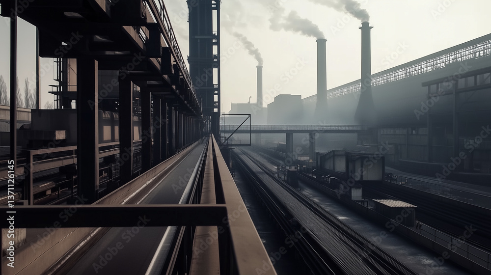 Naklejka premium Grand wide-angle shot showcasing multiple layers of industrial conveyor belts feeding giant rotating mixers, with massive kilns standing tall in the distance amid industrial fumes