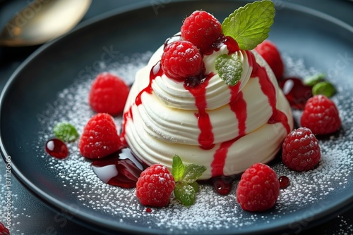 Delicious Pavlova Dessert Topped With Fresh Raspberries and Mint Leaves