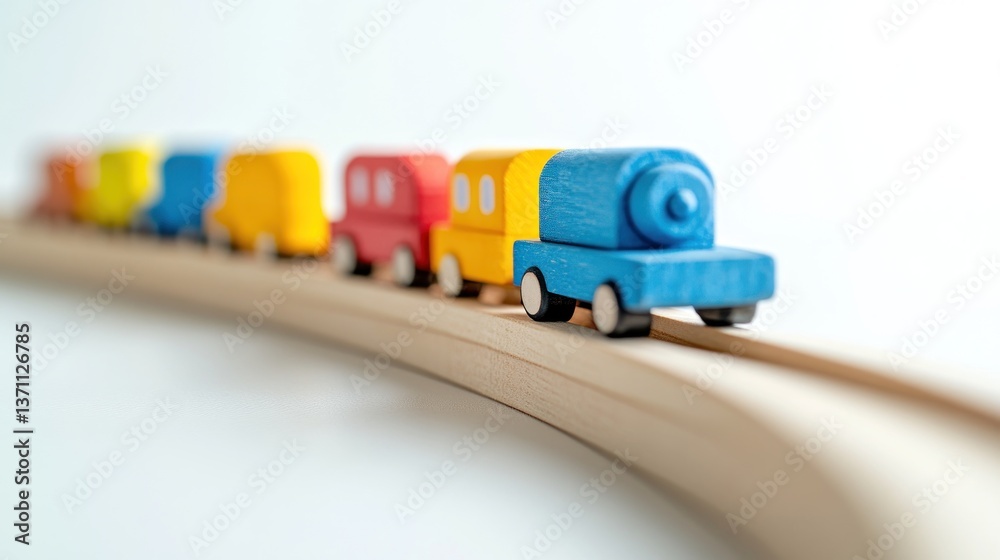 Fototapeta premium Colorful Wooden Toy Train on Wooden Tracks