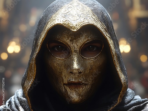 Person wearing a golden mask and a hooded black cloak stares intently