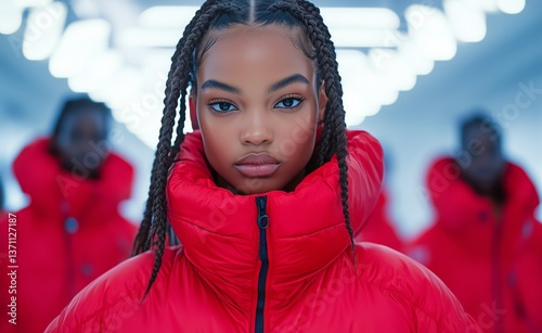Young Model in Vibrant Red Puffer Jacket Poses Confidently Among Group in Sty...