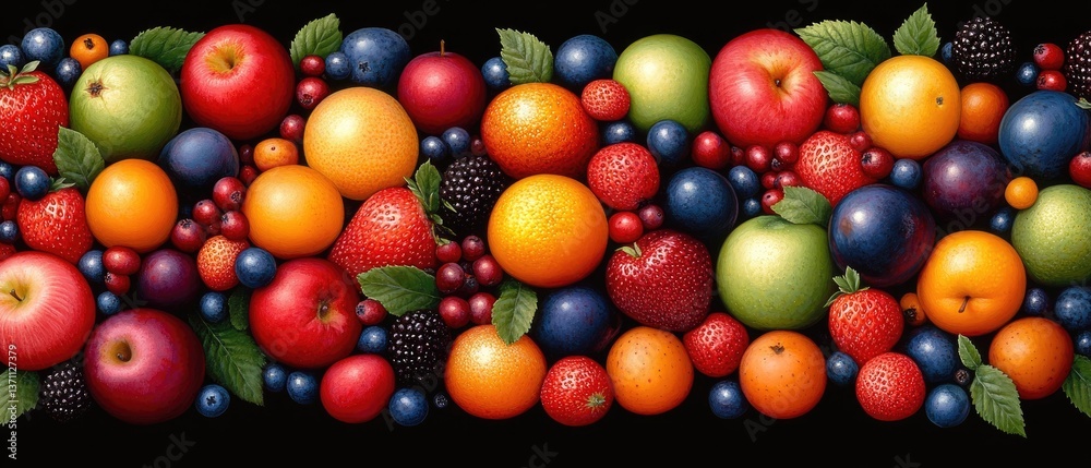 Obraz premium A vibrant medley of colorful fruits like apples, berries, oranges, & strawberries on a black background