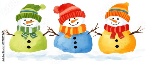 Three happy snowmen on snowy ground