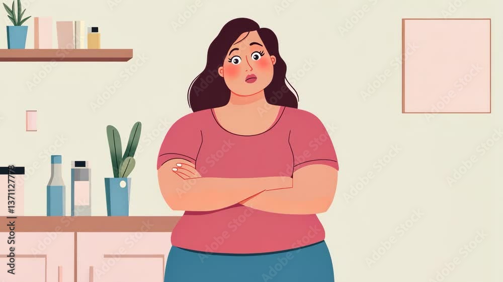obese overweight woman home diet thinking life illustration motion ai generated video concept