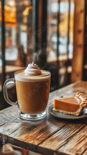 Delicious Latte Art Served With a Slice of Pie on a Rustic Wooden Table
