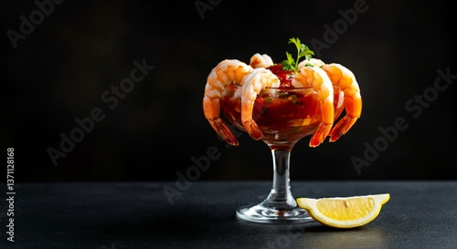 Elegant shrimp cocktail with cocktail sauce and lemon wedge on black background