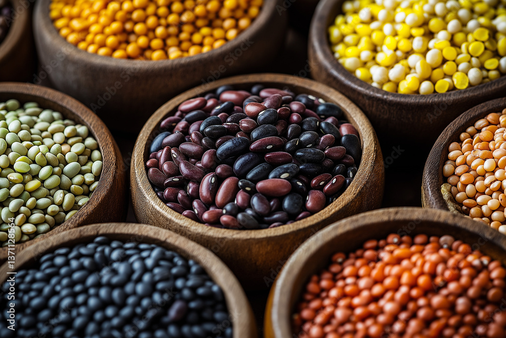Top view of assorted beans and legumes in wooden bowls with soft lighting Top view of assorted beans and legumes in wooden bowls with soft lighting