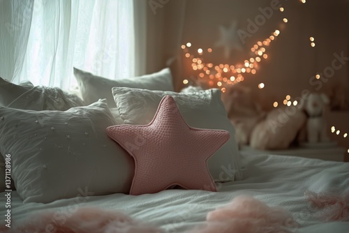 Cozy Bedroom With Star-Shaped Cushion and Warm Lights Glowing Softly in the E...