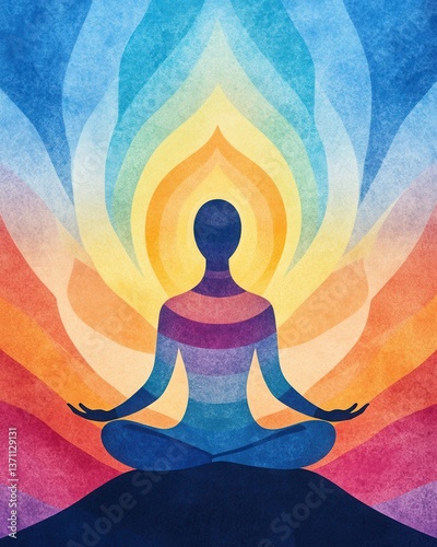 Meditation with Glowing Chakras, Chakra energy light flow, A meditative silhouette surrounded by vibrant colors representing inner peace.