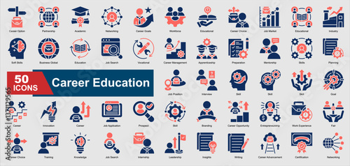 A collection of glyph color Career Education icons. Includes job search, career planning, mentorship, internship, leadership, and more. Perfect for illustrations and designs.