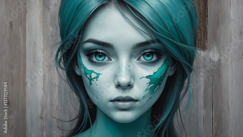 Close-up portrait of a young woman with turquoise hair and face paint against wooden background