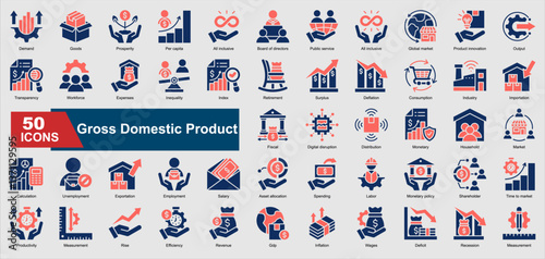 A collection of glyph color Gross Domestic Product icons. Includes revenue, inflation, GDP growth, fiscal policy, market trends, and more. Perfect for illustrations and designs.
