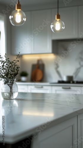 Light Shines on a Marble Countertop in a Cozy Kitchen With a Plant by the Window