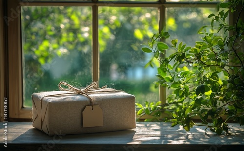 Gift Wrapped in Natural Material Sits on a Table Near a Window With Sunlight ...