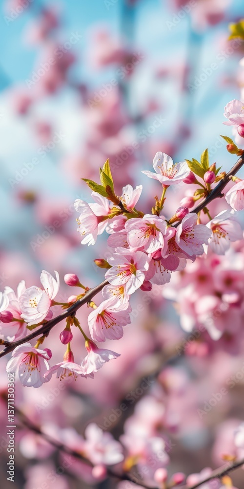 Cherry blossoms bloom in spring sunlight, creating a vibrant display in the garden