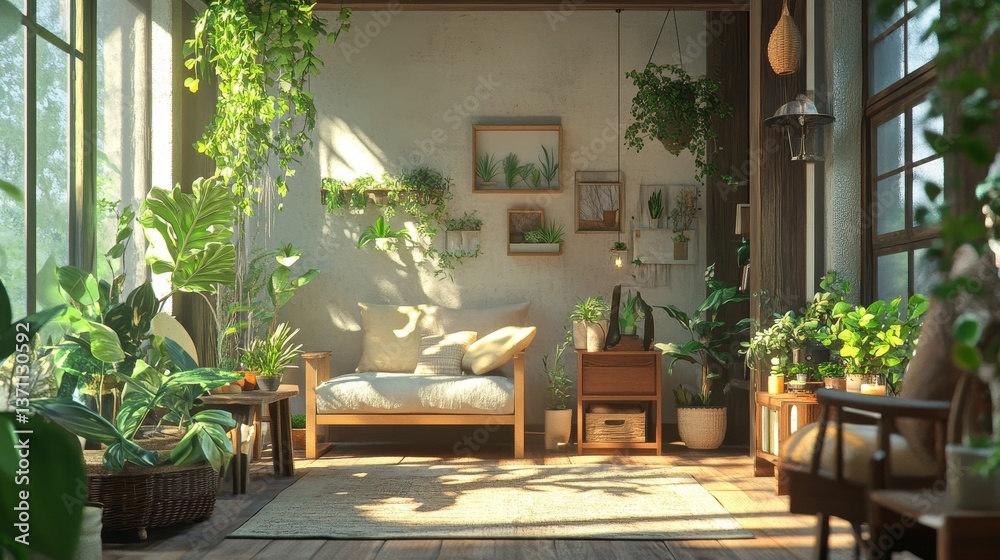 Fototapeta premium Sunlit plants fill a cozy indoor space.