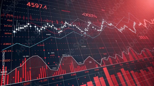 Abstract background depicting financial downturn, bankruptcy, loss, recession, crash, and economic crisis with a red stock market graph.	
