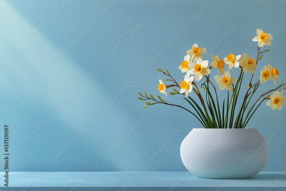 Bright Daffodils in a White Vase Against a Light Blue Wall in a Cozy Room Setting Bright Daffodils in a White Vase Against a Light Blue Wall in a Cozy Room Setting