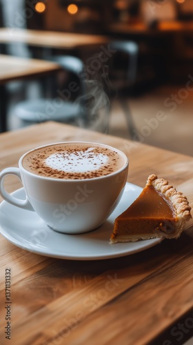 Delicious Latte Art Served With a Slice of Pie on a Rustic Wooden Table