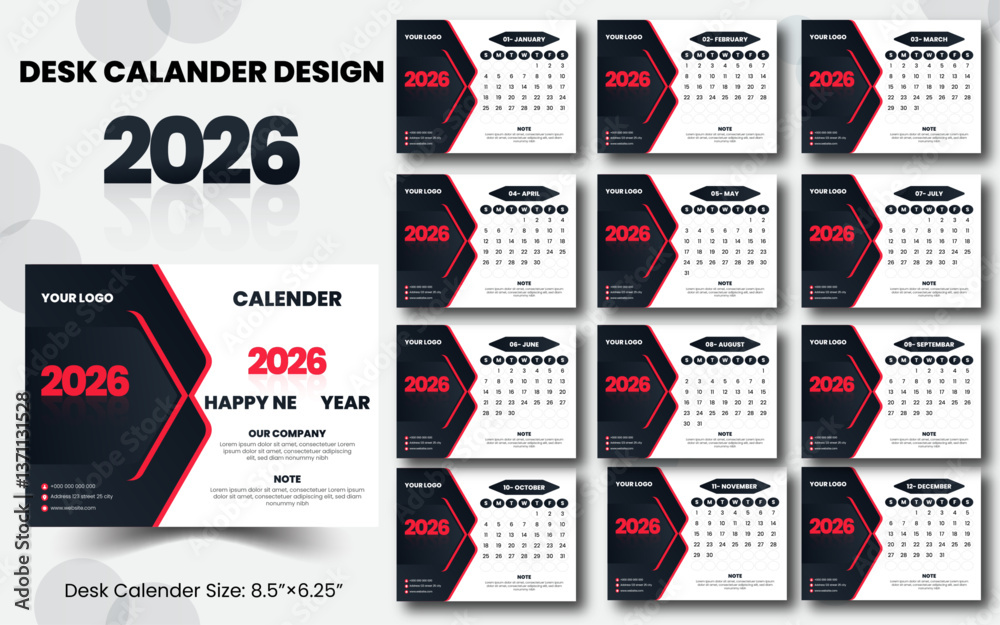 Desk Calendar Creative desk calendar design 2026 template. New Year 2026 table calendar, Minimalist desk calendar 2025 template. simple and clean design, Desk calendar for print, digital calendar, Cor