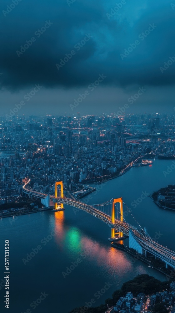 Naklejka premium Night cityscape, illuminated bridge, dark water.
