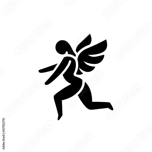 Minimalist black and white logo design featuring a dynamic figure with wings, showcasing modern branding identity