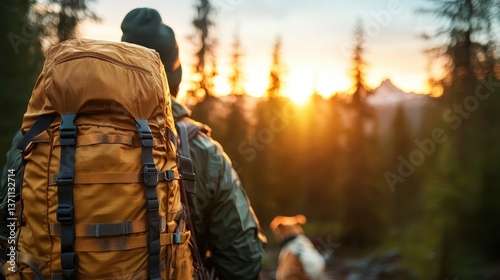 A captivating image of a man and his dog silhouetted against a vibrant sunrise, evoking a sense of adventure and the bond between humans and animals in the wild.