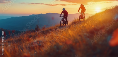 Bikers Navigating a Rocky Trail During Sunset in a Mountainous Landscape