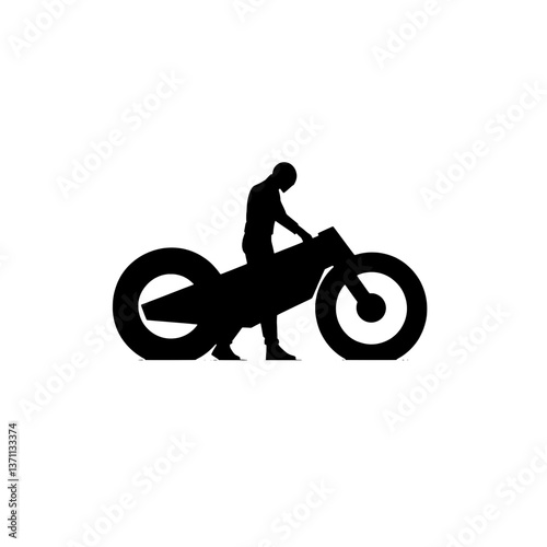 Negative space logo design showcasing a minimalist motorcycle silhouette with an individual interacting with it