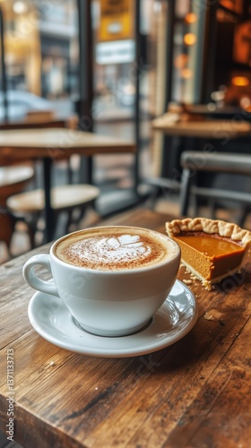 Delicious Latte Art Served With a Slice of Pie on a Rustic Wooden Table