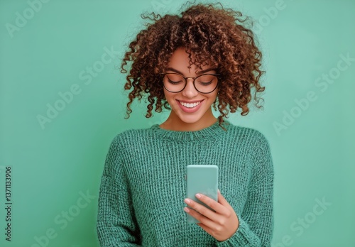 Young Woman With Curly Hair Smiles While Holding a Smartphone Against a Turqu...