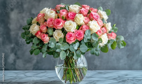 Beautiful Arrangement of Pink and Cream Roses in a Vase on a Marble Table Aga...