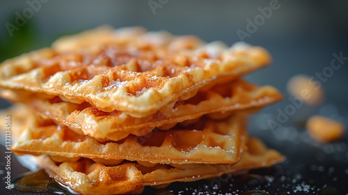 A stack of freshly made golden waffles drizzled with syrup, topped with powdered sugar.