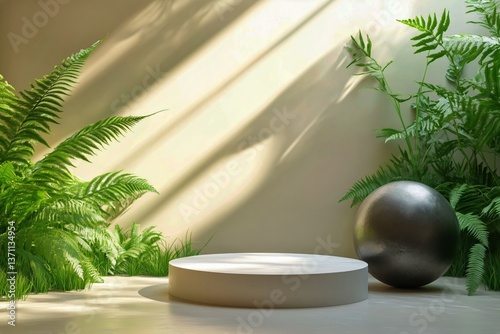 Modern Garden With a Reflective Sculpture and Lush Greenery in Soft Sunlight