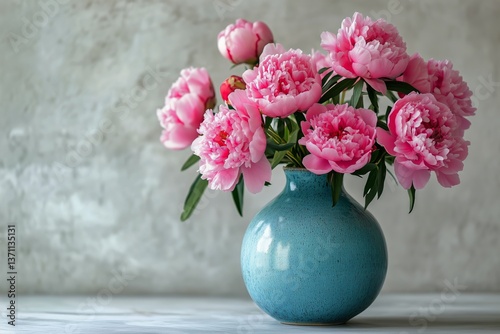 Beautiful Pink Peonies Arranged in a Teal Vase on a Light Background