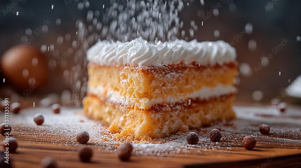 Delicious dessert: a slice of fluffy vanilla cake topped with whipped cream, sprinkled with powdered sugar.
